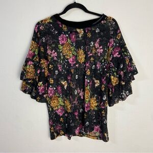 POL Black & Pink Floral Asían Print Top L Velvet Lace Fairy Cottage‎ Romantic